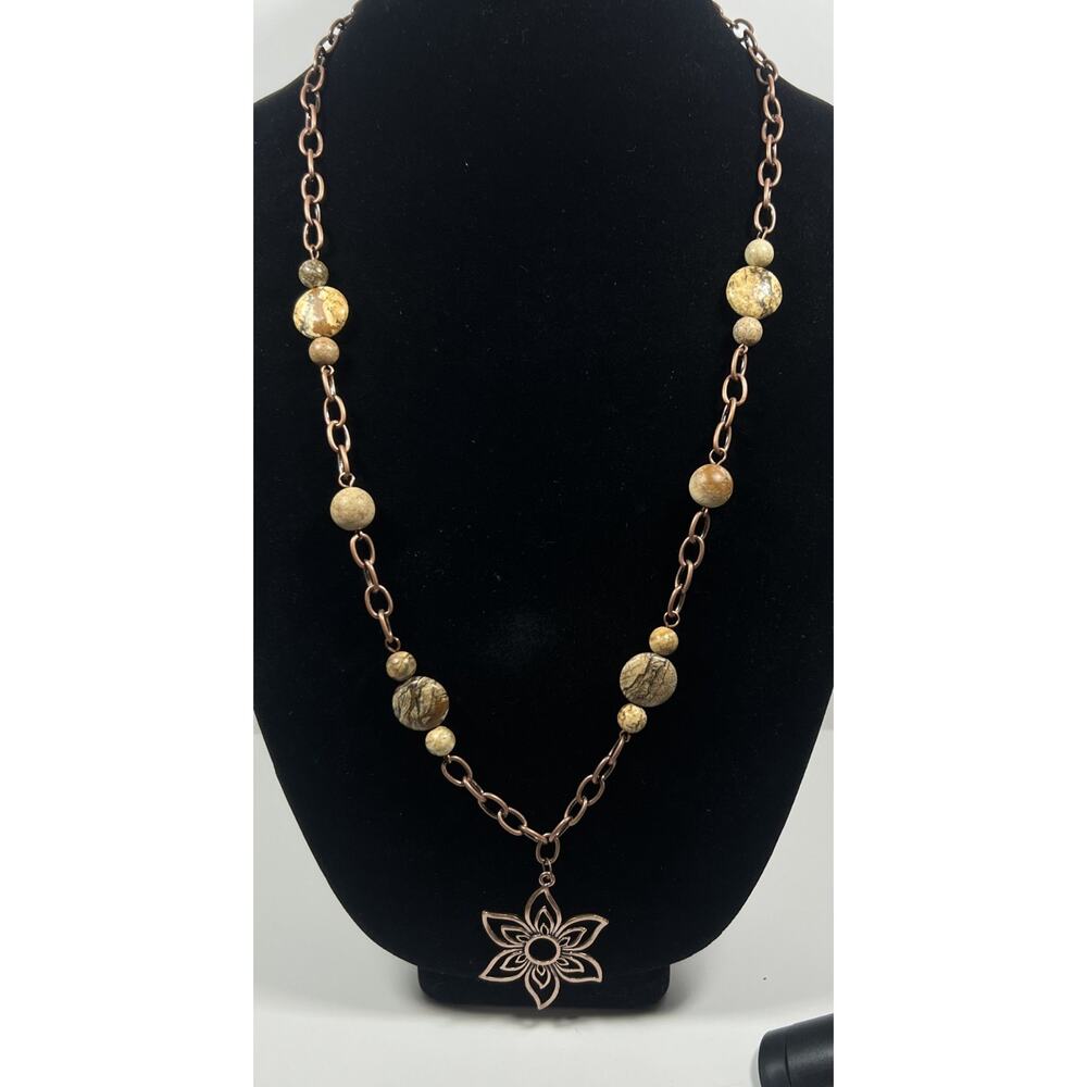 Copper Tone Large Open Link Picture Jasper Stones & Open Flower Pendant Neclace